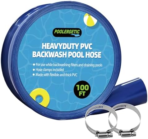 1 1/2 IN x 100 FT Pool Backwash Hose, Heavy-Duty PVC Lay Flat Hose, Weatherproof Burst Resistant, Pool Drain Hose for Water Transfer, Sump Pump, Pool Drain, with 2 Clamps