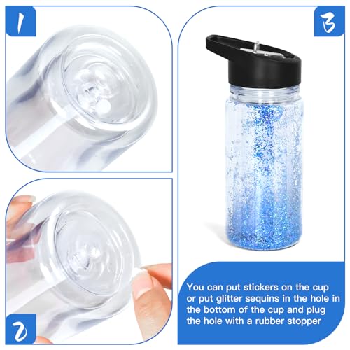 10oz Double Wall Clear Water Bottle Bulk Plastic Snow Globe Tumbler with Handle Lid, 4 Pack Acrylic Pre-Drilled Hole With Stopper Sippy Snow Globe Kid Water Bottle for Scool Sport DIY Gift, Black