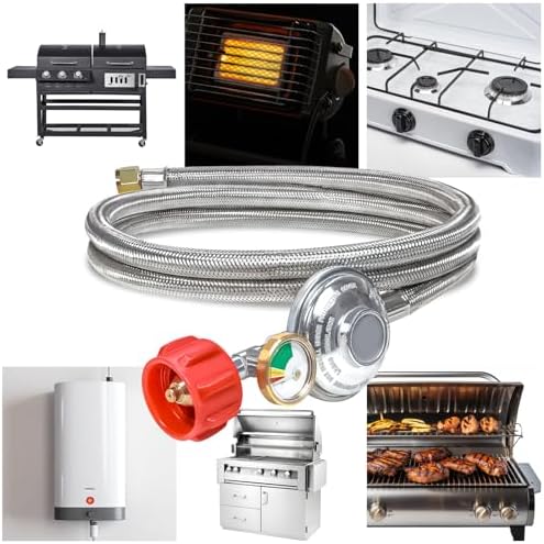 6Ft Stainless Braided Propane Regulator Hose with Gauge,QCC1 Low Pressure Propane Tank Extension Hose for 20lb Tank with Elbow Adapter for Blackstone Grill,Most LP Gas Grill,Heater Fire Pit Table