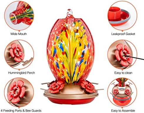 Muse Garden Glass Humming Bird Feeders for Outdoors - 27OZ Blown Glass Hummingbird Feeder - Unique Gift for Mom Bird Lovers Women, Outdoors Hanging Garden Decor, Includes Ant Moat & Brush, Red Phoenix
