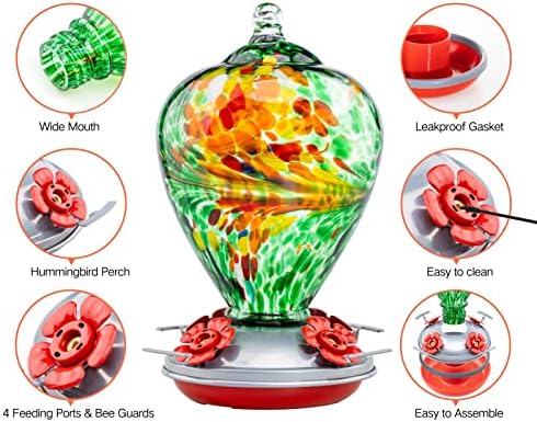 Muse Garden Hummingbird Feeders for Outdoors Hanging, Blown Glass Hummingbird Feeder, Hummingbird Gifts for Mom, Garden Backyard Decor, Unique Gifts Idea for Women Mothers Day, 34OZ, Peacock