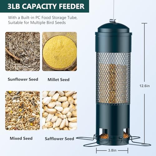 Bird Feeders for Outdoors Squirrel Proof with Weight-Activated Perches, Hanging Bird Feeder for Outside, Metal Feeder for Wild Cardinal, Finch, Blue Jay, Chickadee, 3LB Seed Capacity, Green