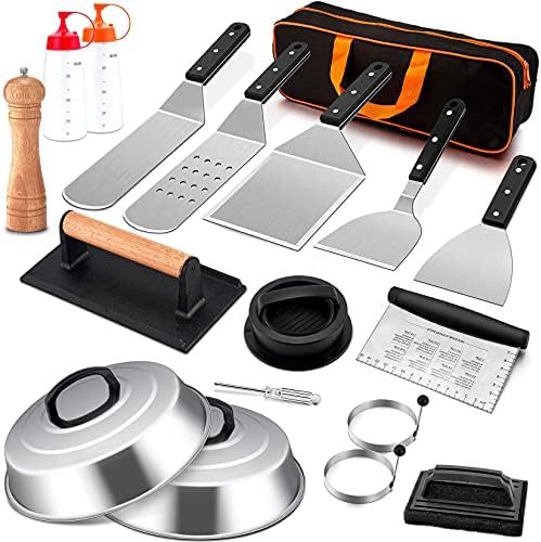 18Pcs Griddle Accessories Kit, Joyfair Stainless Steel Flat Top Grilling Spatula Accessory Tools Set with Basting Cover Burger Press, for Outdoor BBQ Teppanyaki Hibachi Cooking (ABS Handles)