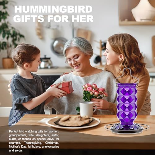 2 Pack Glass Hummingbird Feeders for Outdoors, 25 Ounces Wild Bird Nectar Feeder with Perch & 5 Flower Feeding Ports Leak Proof Hanging for Garden Backyard Decor, Gifts for Women Mom, Red & Purple