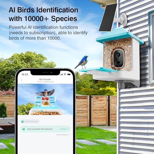 Smart Bird Feeder with Camera,AI Identify Species,Bird House with Solar Powered,Instant Arrival Alerts,2K Capture Video,Live View for Lover (Blue)