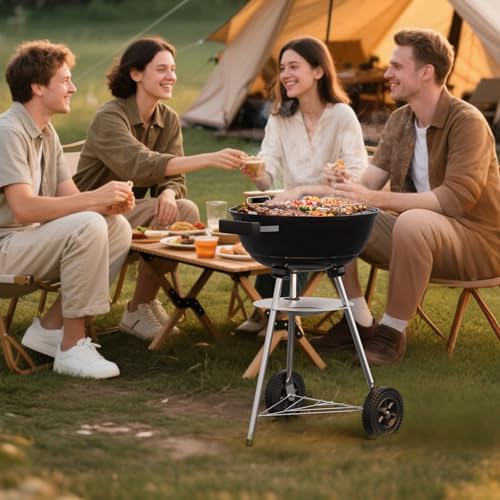 18 inch Charcoal Grill, Portable Kettle Barbecue Grills,Durable & Easy to Assemble, Round Smoker/BBQ Grill with Wheels for Backyard, Camping, Patio and Beach, Black