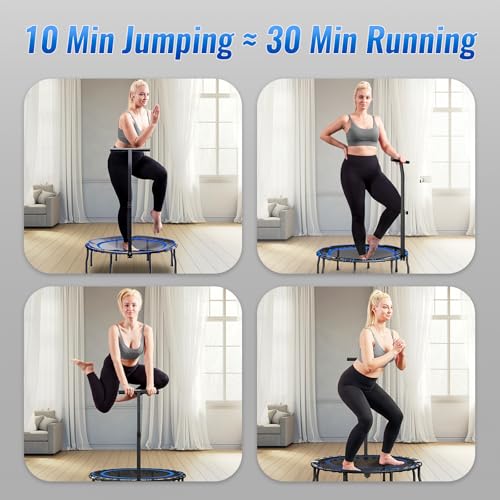 Vimexciter 40" Foldable Mini Fitness Trampoline with Adjustable Foam Handle, Exercise Rebounder for Adults Kids Indoor/Garden Exercise, Max Load 400 lbs, Blue