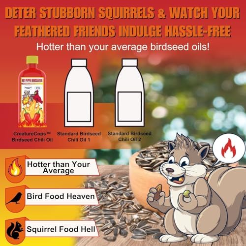 CreatureCops⢠Spicy Squirrel Seed Sauce | All-Natural & Squirrel-Resistant Hot Pepper Bird Seed Oil | Flaming Hot Sauce - Seasons >60lb per 16oz Bottle