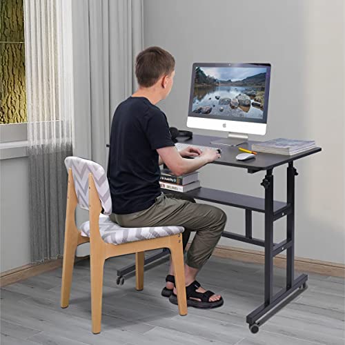 AIZ Mobile Standing Desk, Adjustable Computer Desk with Rolling Wheels, Home Office Double-Layer Computer Workstation with USB Ports and Outlets, Portable Laptop Table for Standing or Sitting, Black