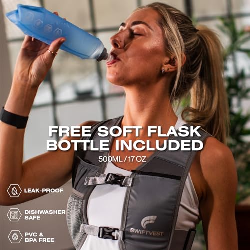 SWIFTVEST Running Phone Holder Vest with 500ml/17oz Running Water Bottle | Waterproof Pouch | Reflective Hydration Vest | Adjustable | Lightweight | 6 Pockets for Running Accessories - Men & Women