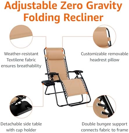 Amazon Basics Outdoor Patio Mesh Adjustable Zero Gravity Lounge Chair Recliners set of 2 with Side Table, 35 x 26 x 43 inches, Beige