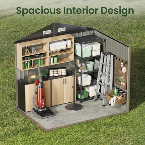 GVDV 8x6 FT Outdoor Metal Storage Shed, Durable Garden Shed with Updated Frame Structure for Backyard, Patio, Tool Storage, All-Weather Shelter for Bike, Gardening Tools(7.33'x5.28' Base, No Floor)