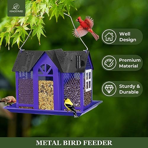Kingsyard Bird Feeder House for Outside, Metal Mesh Wild Bird Feeder with Triple Feeders for Finch Cardinal Chickadee, Large Capacity, Weatherproof and Durable, Purple