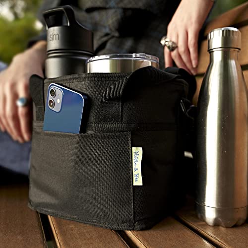 NoNa & Bee 4 Water Bottle Holder with Strap | Family Size 4 Compartment Drink Bag, Multiple Tumbler Carrier Caddy | Adjustable Fits Large & Small Drinks | Hands Free, Won't Tip Over in Car (Black)