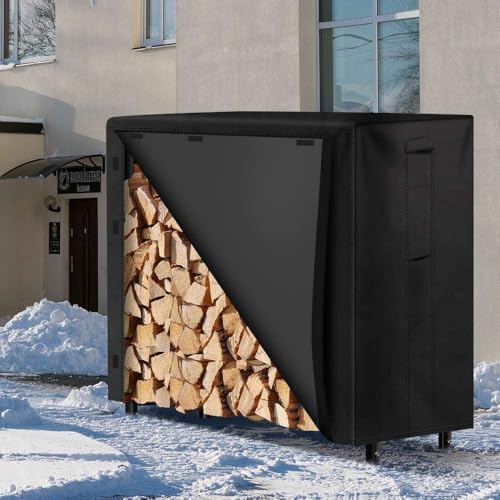 AMAGABELI GARDEN & HOME 4ft Firewood Rack with Cover Outdoor Heavy Duty 600D Oxford Outdoor Firewood Storage Cover Heavy Duty Steel Wood Holder for Patio Combo Set Black