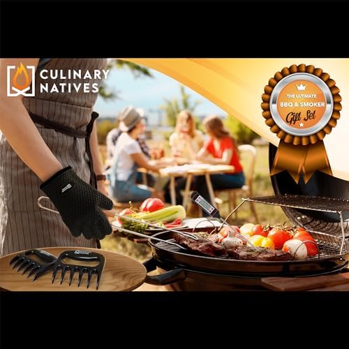 Meat Claws and Smoker Gloves | No.1 Extreme Heat Resistant BBQ Grill Gloves | Non-Slip Waterproof Silicone Oven Mitts | Pulled Pork Claws | Thermometer | Barbecue, Grilling, Smoking, Shredding (Black)