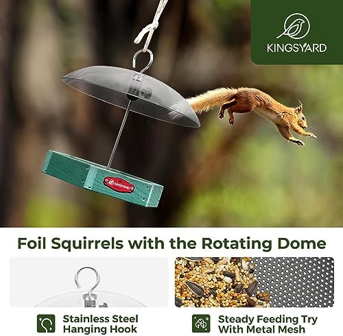 Kingsyard Platform Bird Feeder for Outdoor Hanging - Rugged Recycled Plastic Wild Bird Feeding Station with Adjustable Dome & Metal Mesh Tray, Green