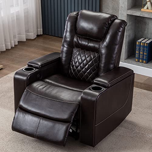 CANMOV Electric Power Recliner Chair with USB Ports and Cup Holders, Breathable Leather Home Theater Seating with Hidden Arm Storage (Brown)