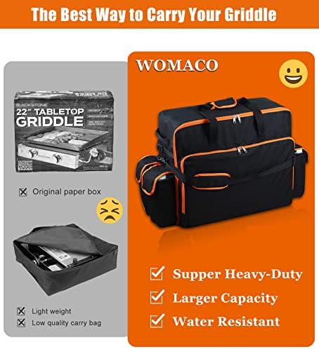 WOMACO 22 inch Griddle Carry Bag for Blackstone 22 Griddle with Hood Lid, Heavy Duty Portable Tabletop Griddle Carrying Bag for Travel, Weather Resistant BBQ Grill Carry Case with Shoulder Strap