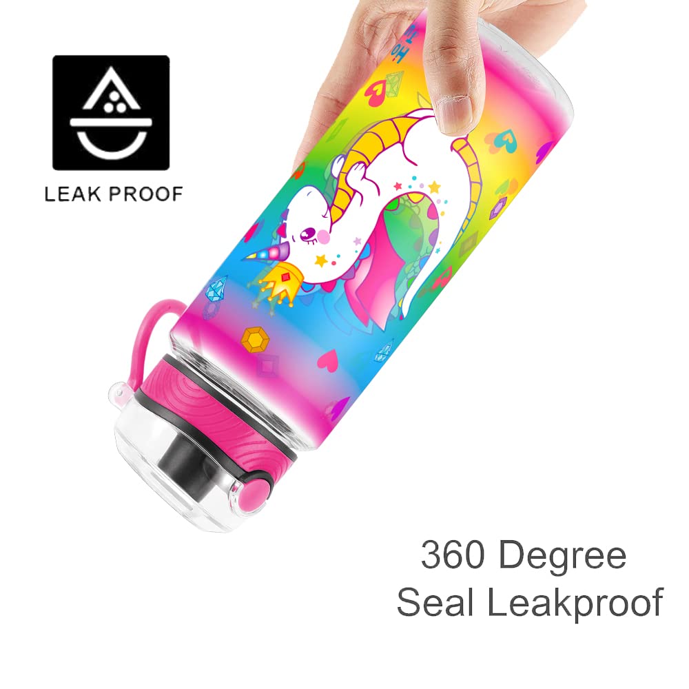 Cute Water Bottle for School Kids Girls, BPA FREE Tritan & Leak Proof & Easy Clean & Carry Handle, 23oz/ 680ml (Dragon)