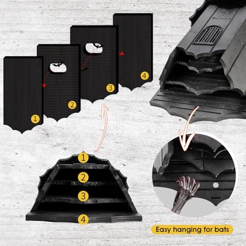 Wooden Castle Bat Houses for Outside Bat Box for Outdoors - Large Three Chamber Box Perfectly Designed to Attract Bats - Durable and Easy to Hang(Bat House Ⅰ Black)