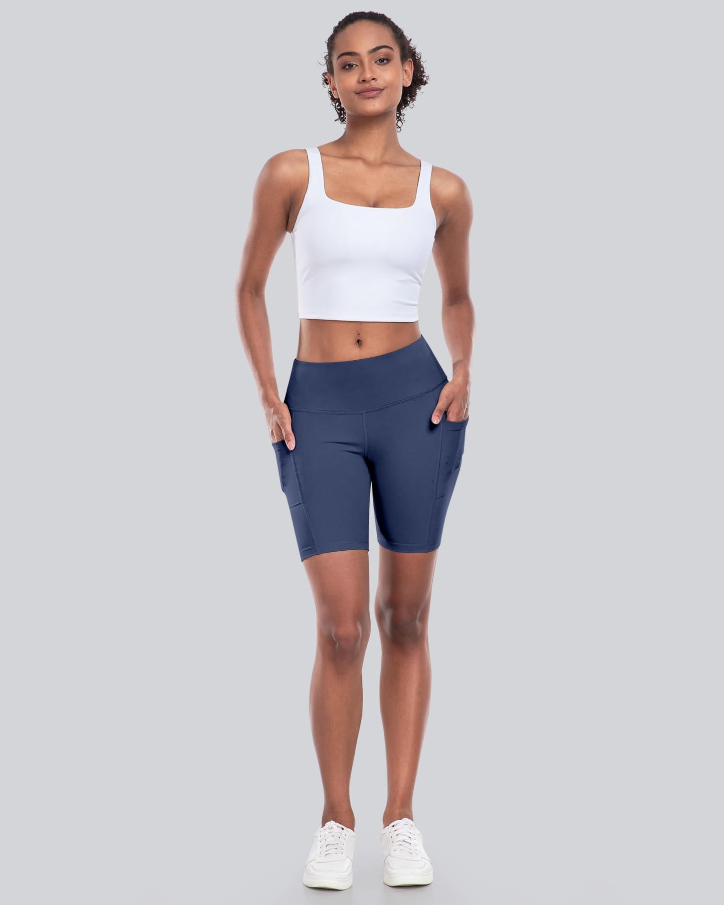 CHRLEISURE Womens Biker Yoga Shorts with Pockets: High Waisted Tummy Control Spandex Workout Athletic Gym Shorts 4 Packs(8'' Black,Gray,Navy,Wine, L)