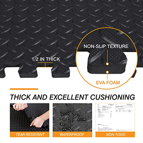 Mat Block Interlocking Foam Tiles Puzzle Mats for Floor 24 SQ FT, 3/4 inch, 6 Tiles, EVA Gym Mat Flooring Exercise Equipment Mat for Home Gym Equipment,APM101BK, Black