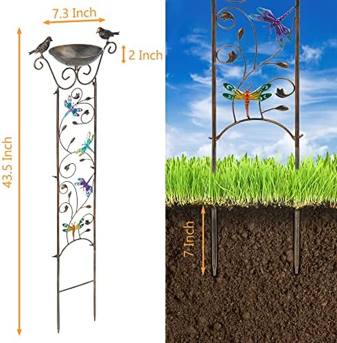 Bird Bath with Trellis Outdoor, Antique Garden Iron Plant Trellis with Decorative Dragonfly Detachable Bird Bath Bowl Metal Potted Plant Support for Climbing Flowers