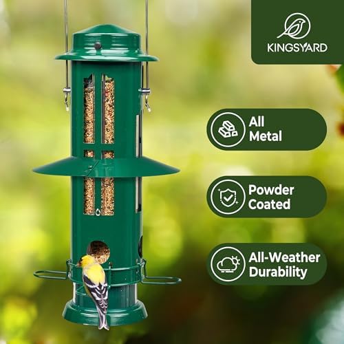 Kingsyard Squirrel Proof Bird Feeder with Removable Base, All Metal, Tube Bird Feeders for Outdoors Hanging, Easy to Clean & Refill, Dark Green