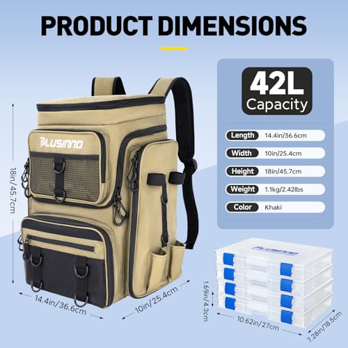 PLUSINNO Fishing Backpack with Rod Holders, 42L Water-resistant Fishing Tackle Bag With 4 Tackle Boxes,Fishing Gear For Camping, Hiking, Fishing Gifts for Men Khaki