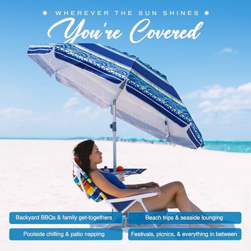 AMMSUN 7ft Heavy Duty High Wind Beach Umbrella with sand anchor, Built-in Table Tray & Tilt Pole, UPF 50+ Windproof Portable Outdoor Umbrellas Carry Bag for Patio Garden Pool Backyard stripe (Haute
