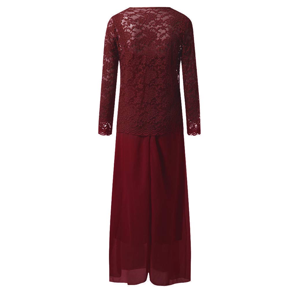 Aniywn Women Plus Size Two Piece Long Sleeve Party Dress Lace Solid Color Elegant Long Maxi Dress Mini Dress Wine
