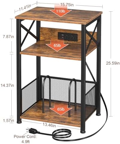 AMHANCIBLE Record Player Stand with Charging Station, Turntable Stand with Storage Cabinet, 3 Tier End Table Hold Up to 100 Albums, Record Table for Vinyl, Living Room, Rustic Brown, HETCD01BR-1