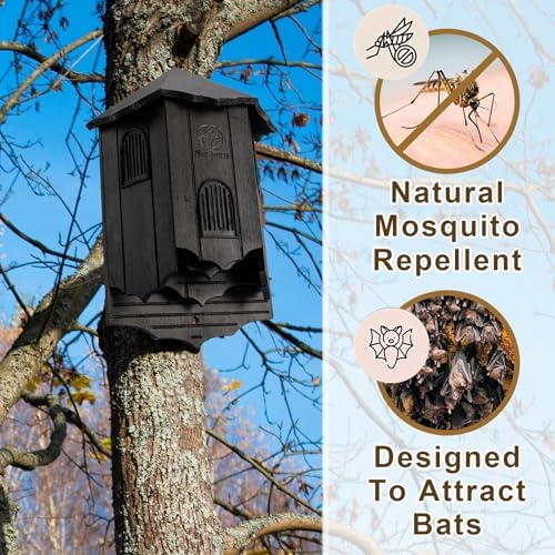 Wooden Castle Bat Houses for Outside Bat Box for Outdoors - Large Three Chamber Box Perfectly Designed to Attract Bats - Durable and Easy to Hang(Bat House Ⅰ Black)