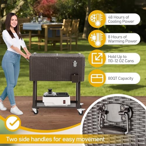 Outvita 80 Quart Rolling Ice Chest, Portable Bar Drink Cooler with Catch Basin, Bottom Storage Tray and Bottle Opener for Patio Party BBQ Beach Activities