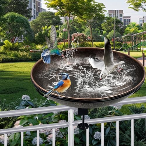 Deck Mounted Bird Bath, Easy to Clean12 Detachable Bath Bowl, Metal Birdbath for Outside with Sturdy Adjustable Clamp for Railing Balcony Fence Outdoor Decor 0.7 Gallon