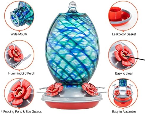 Muse Garden Glass Humming Bird Feeders for Outdoors - 27OZ Blown Glass Hummingbird Feeder - Unique Gift for Mom Women Grandparents, Outdoors Hanging Garden Decor, Ant Moat & Brush, Blue Mermaid