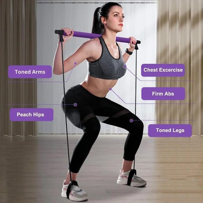 Pilates Bar, Plates Sculpt Bar, Pilates Bar Kit with Resistance Bands, Pilates Bar Kit, Stretched Fusion Pilates Bar, Exercise Equipment, Squat, Yoga for Full Body (Blue)