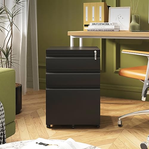 Approgreent 3 Drawer File Cabinet for Home Office, Under Desk Mobile Filing Cabinet with Lock for A4-Size/Letter-Size/Legal-Size, Black (HSEJ-3D)