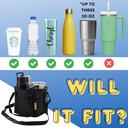 NoNa & Bee 4 Water Bottle Holder with Strap | Family Size 4 Compartment Drink Bag, Multiple Tumbler Carrier Caddy | Adjustable Fits Large & Small Drinks | Hands Free, Won't Tip Over in Car (Black)