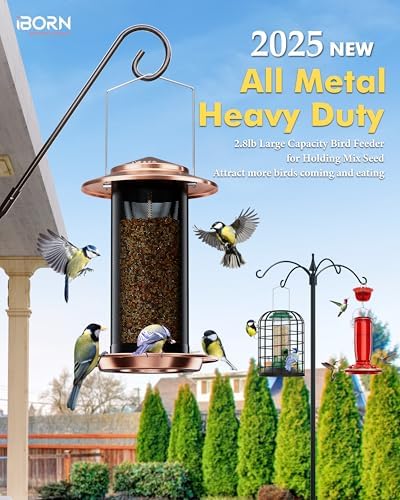 iBorn Bird Feeders for Outdoors, All Metal Mesh Tube, Holding Bird Seed for Outside Feeders,18cm Large Roof, Copper, 2.8lb(Seed is not Included)