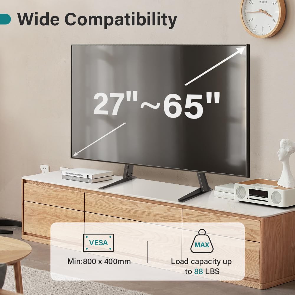 BFTOU Black Universal TV Stand Tabletop for 27 to 65 inch LCD Flat Screen TV,Max VESA 800 x 400mm, Height Adjustable TV Base Holds up to 88lbs