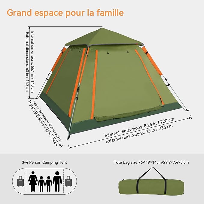 YUSING Instant Tents for Camping Pop Up Tent, Family Camping Tent for 4 Person, Pop Up Tent with Vestibule and Mesh Windows, UPF 50+