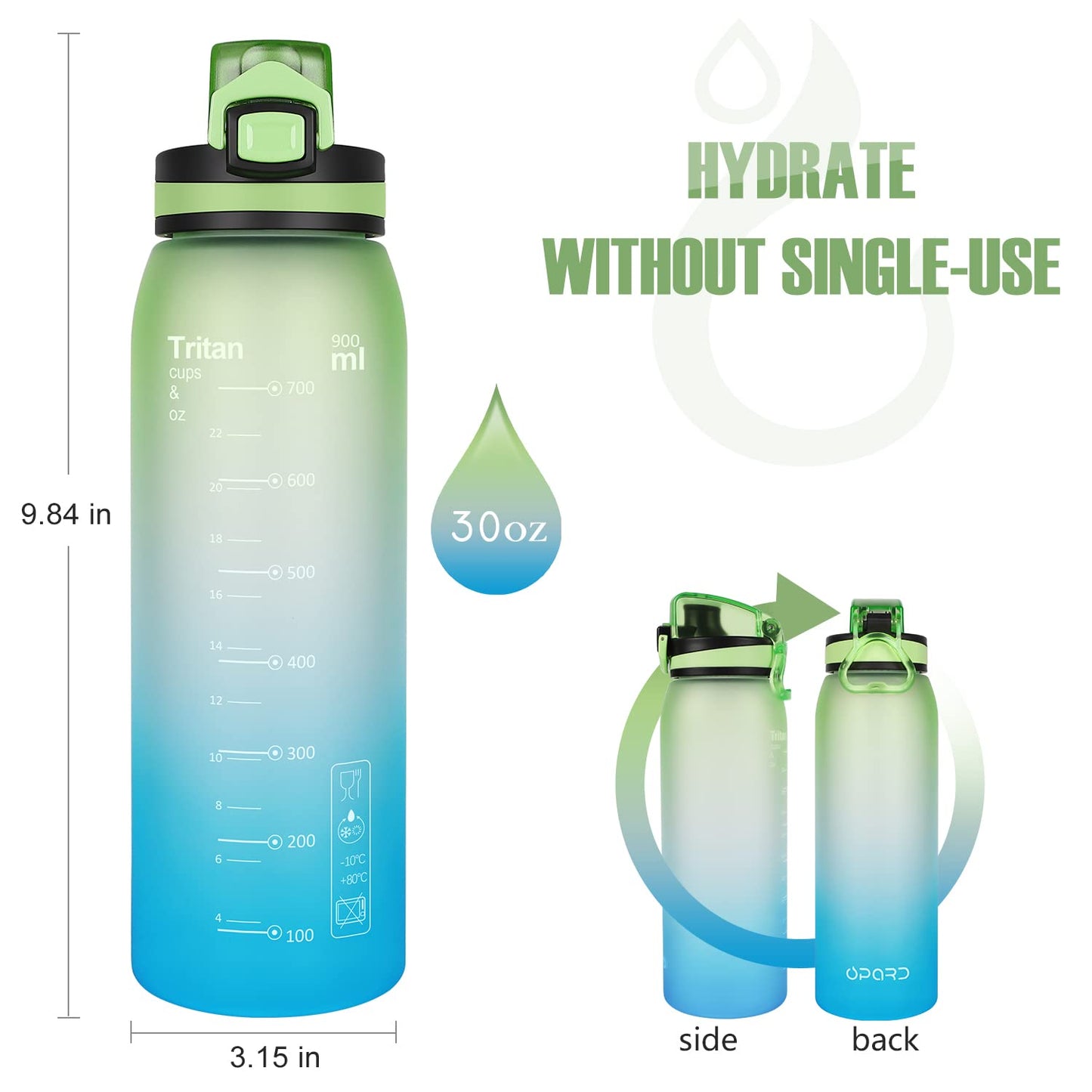 Opard 30oz Sports Water Bottle with Leak Proof Flip Top Lid BPA Free Tritan Reusable Plastic for Gym and Outdoor