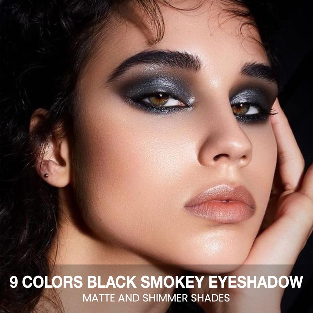 evpct 9 Colors Black Grey Silver White Smoky Shimmery Eyeshadow Makeup Palette for Goth Look, High Pigmented Matte & Shimmer & Smoky Shades, Long Lasting Waterproof Gothic Eye Shadow sombras de ojos