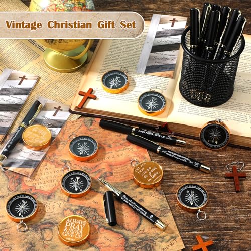 Spakon Christian Gifts for Men, Religious Gifts for Church Include Bible Verse Pens Compass Religious Bible Bookmark Inspirational Catholic Scripture Gifts for Church Sunday School (Classic,20 Sets)