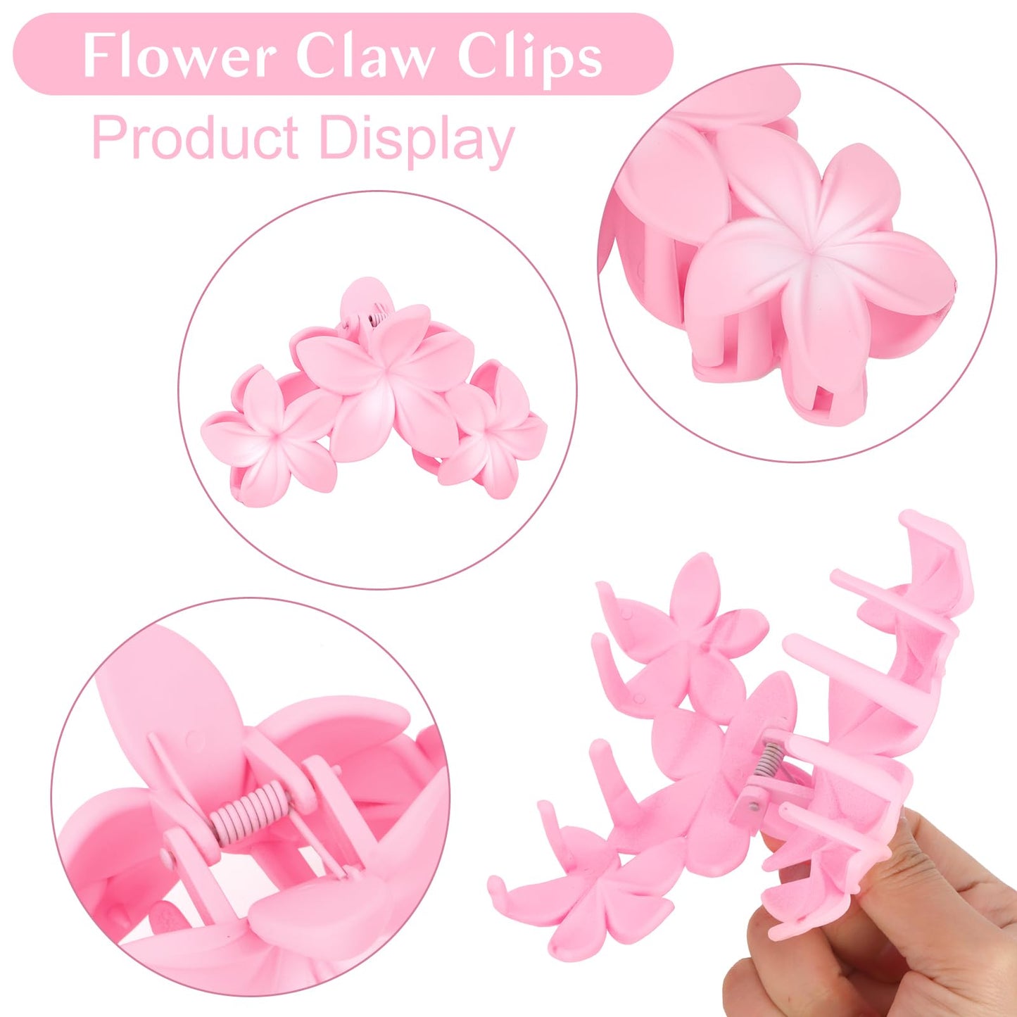 ANBALA 4PCS Flower Hair Clips, Tropical Plumeria Hair Clips for Women, Large Non-Slip Strong Hold Claw Clips, Beach Hair Accessories, Pink (4 Count)