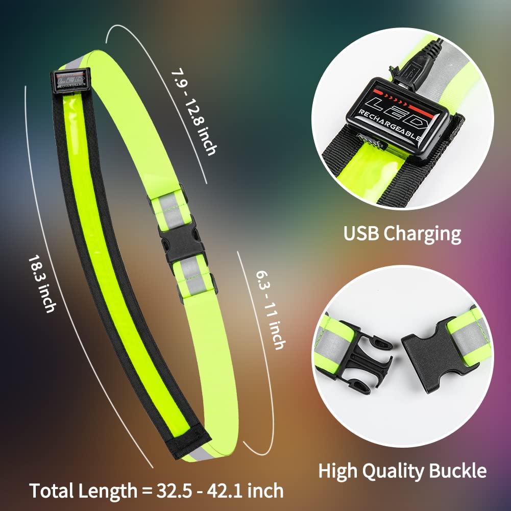 OLIKER LED Reflective Running Gear,High Visibility Reflective Belt Sash with Safety Light,USB Rechargeable Adjustable Size Night Reflective Accessories for Night Outdoor Sports Running Walking (Green)