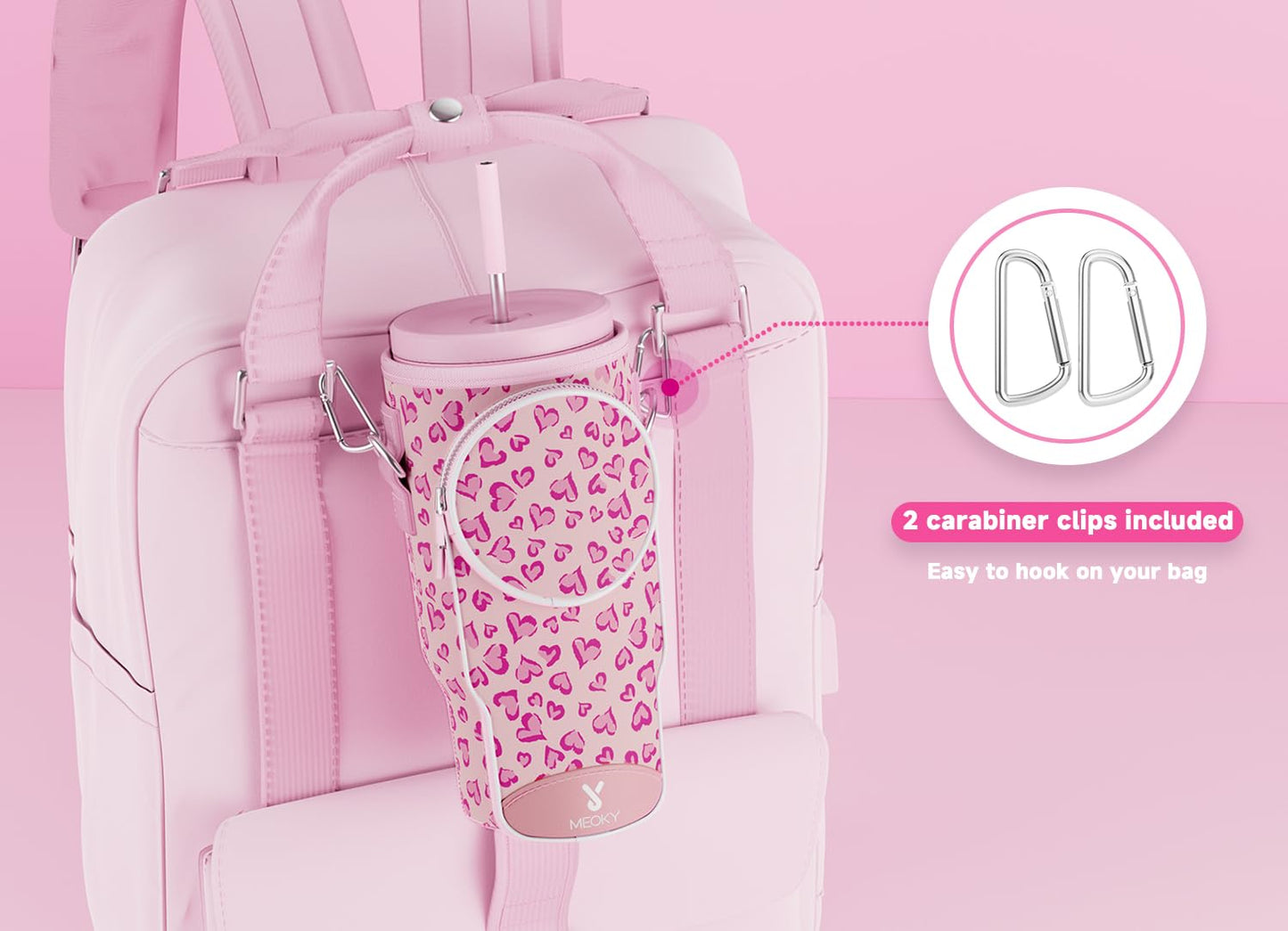 Meoky Water Bottle Carrier Bag with Phone Pocket for 40 oz Tumbler with Handle, Neoprene Water Bottle Holder Pouch with Adjustable Strap, 2 Carabiner Clips (Love)