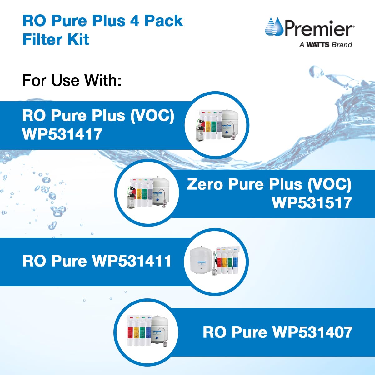 Watts Premier RO Pure Plus 4-Pack Filtration Kit for 4 Stage Pure Plus/Zero Pure Plus Reverse Osmosis System, Push Button Water Filter Replacement, Sediment Filter, Carbon Pre-Filter, VOC, Membrane
